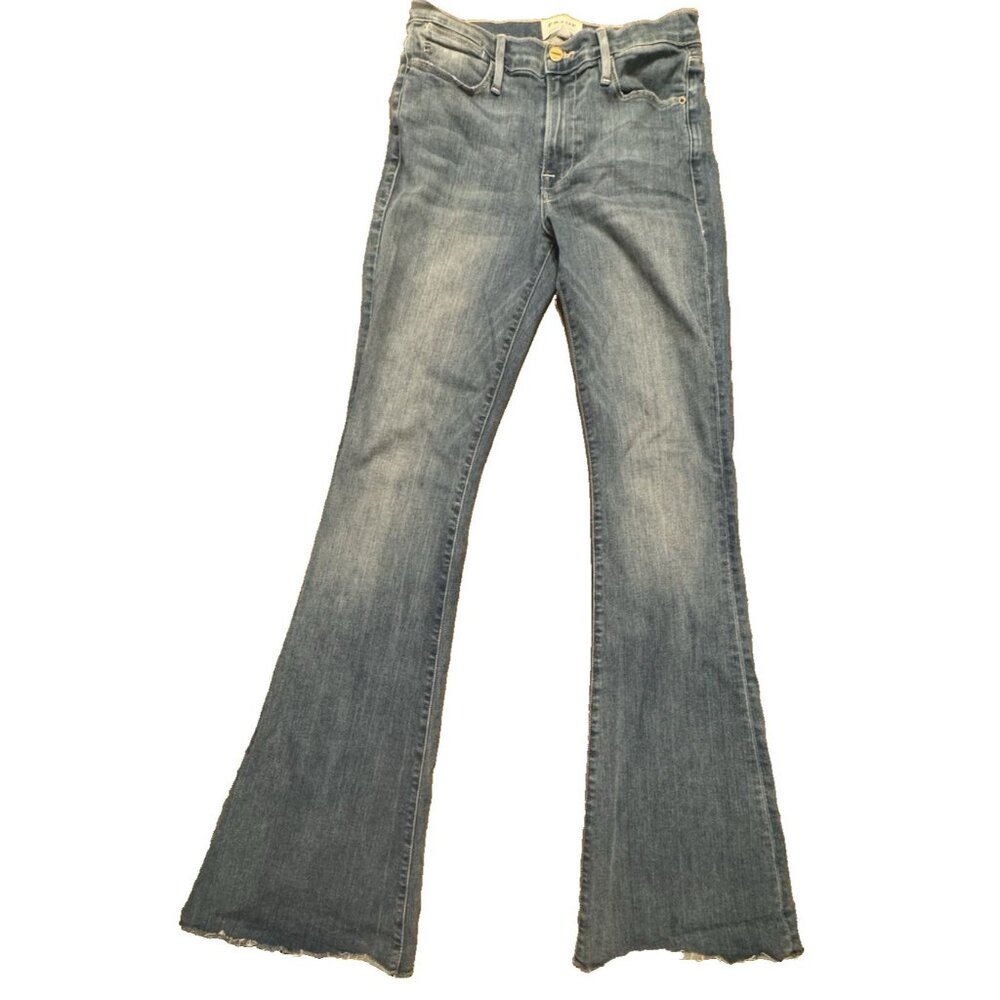 Frame Le High Flare Sz 27 Free Bird LHF079 Stretch Raw Hem Jeans